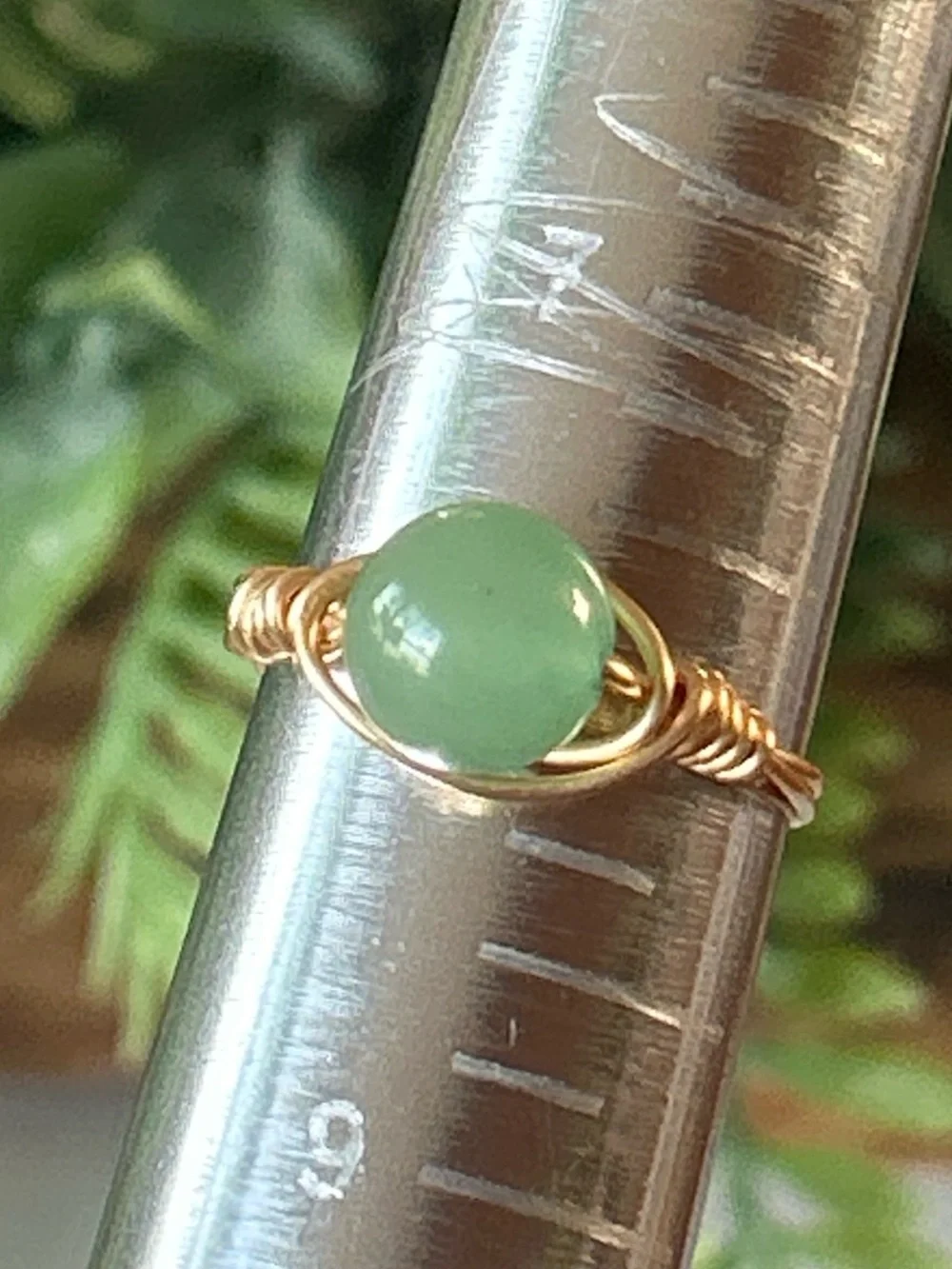 Handcrafted gold tone green aventurine wire wrapped crystal ring - size 8